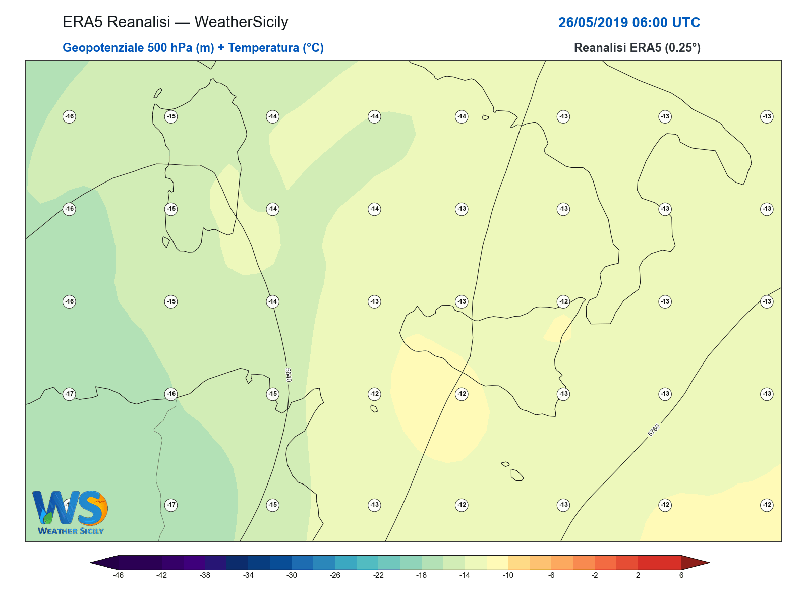 Geopotenziale 500 hPa + Temperatura · 2019052606