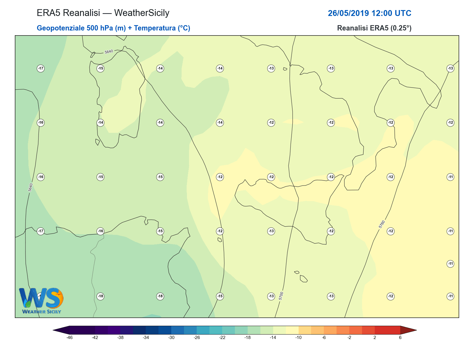 Geopotenziale 500 hPa + Temperatura · 2019052612