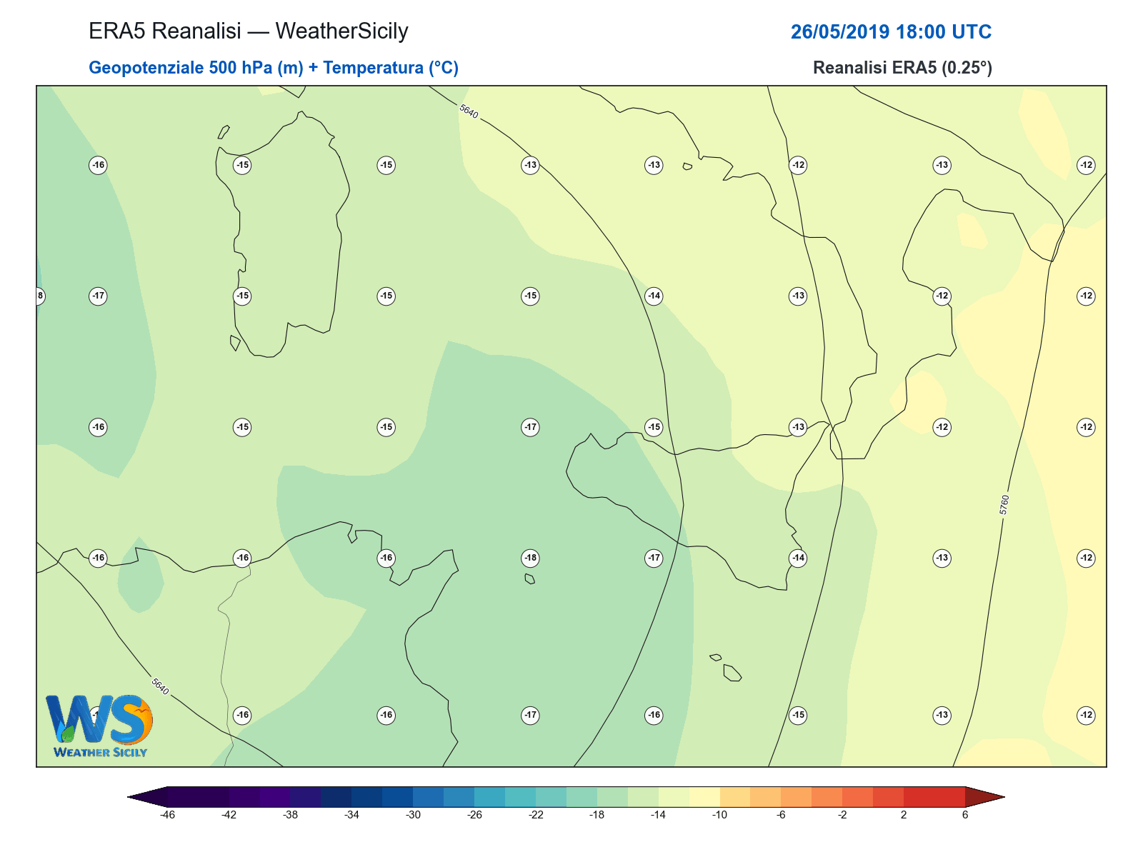 Geopotenziale 500 hPa + Temperatura · 2019052618