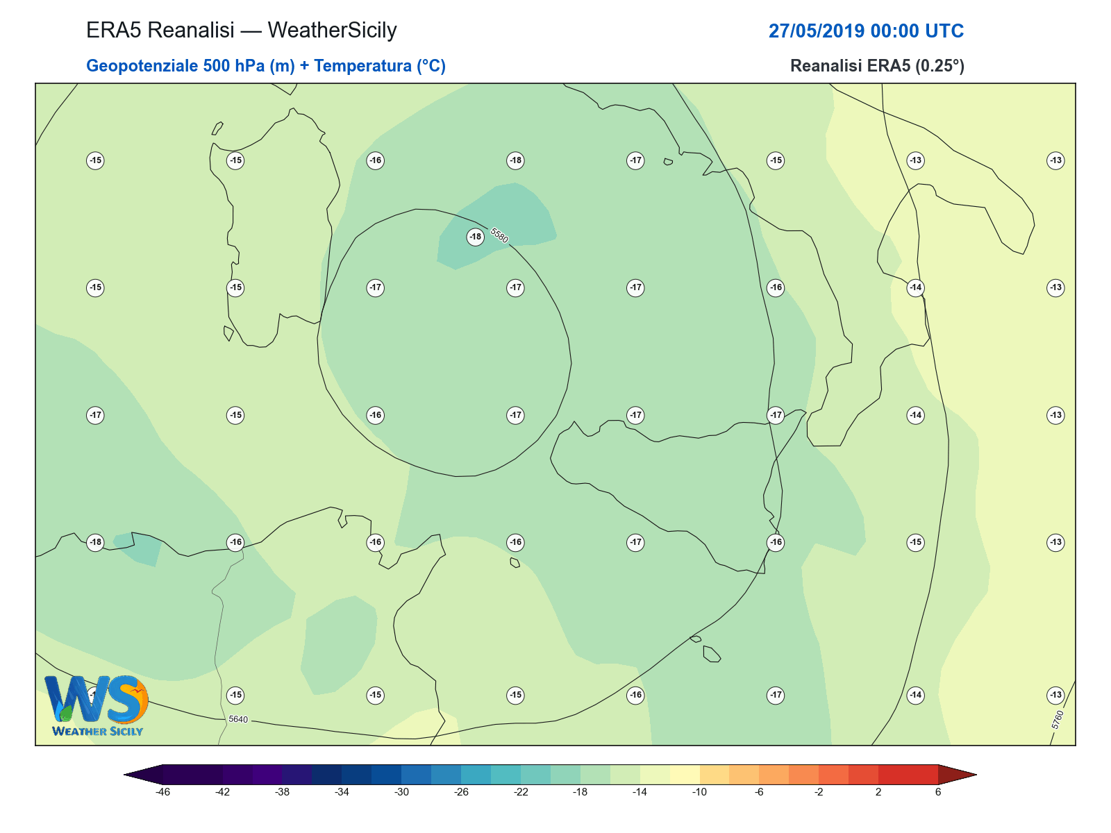 Geopotenziale 500 hPa + Temperatura · 2019052700