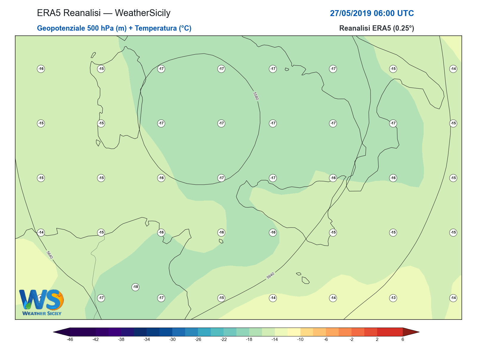 Geopotenziale 500 hPa + Temperatura · 2019052706