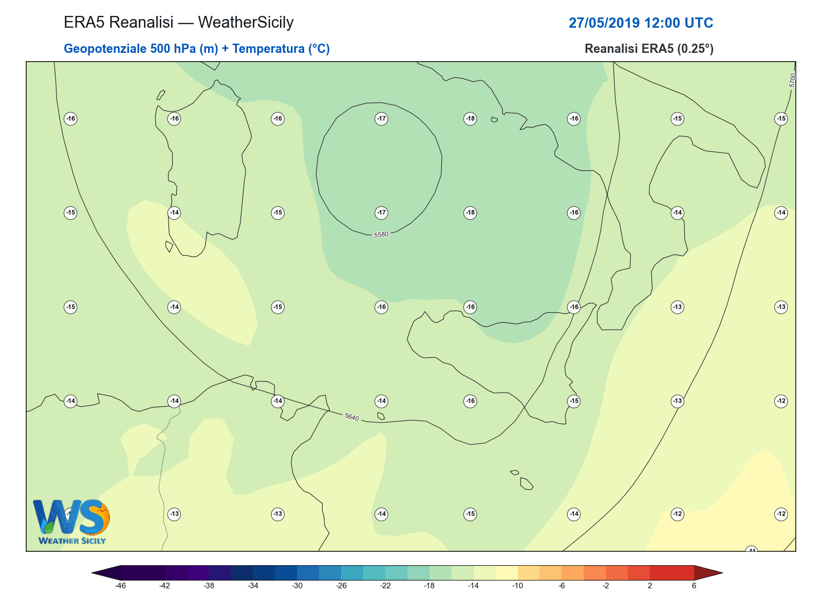 Geopotenziale 500 hPa + Temperatura · 2019052712