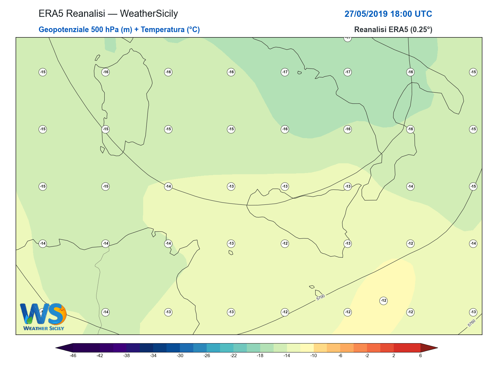 Geopotenziale 500 hPa + Temperatura · 2019052718