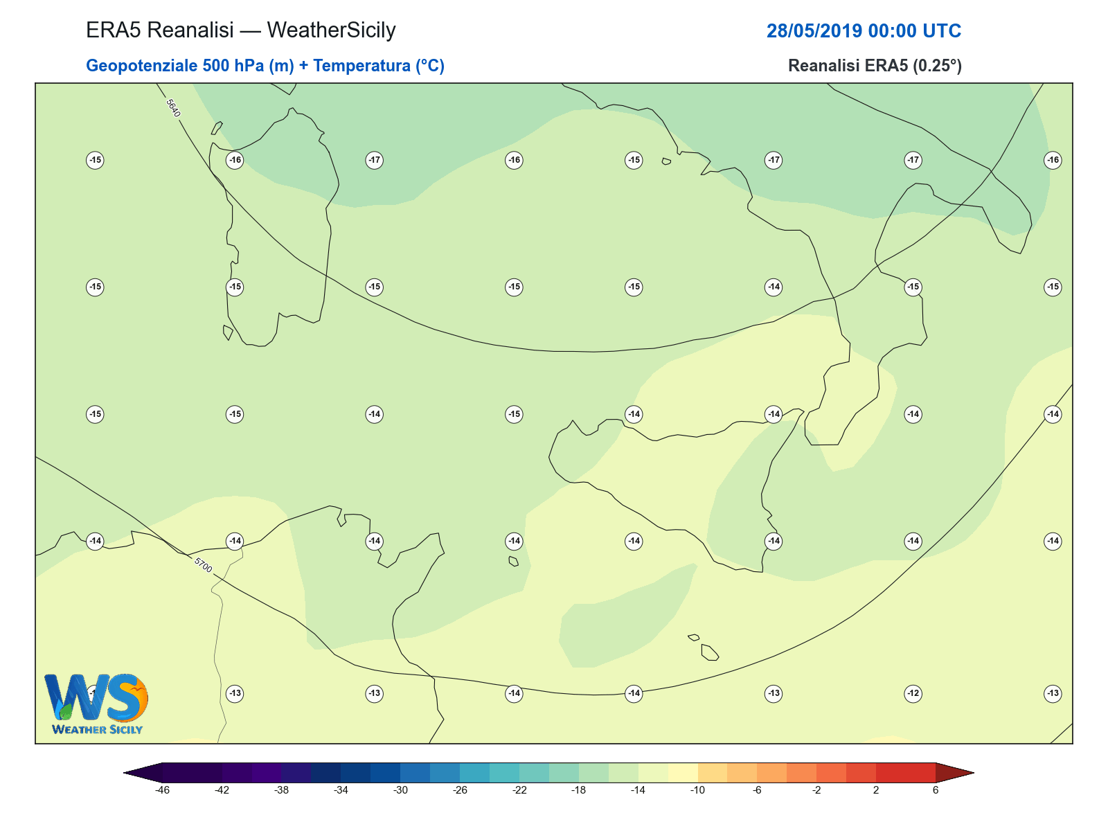 Geopotenziale 500 hPa + Temperatura · 2019052800