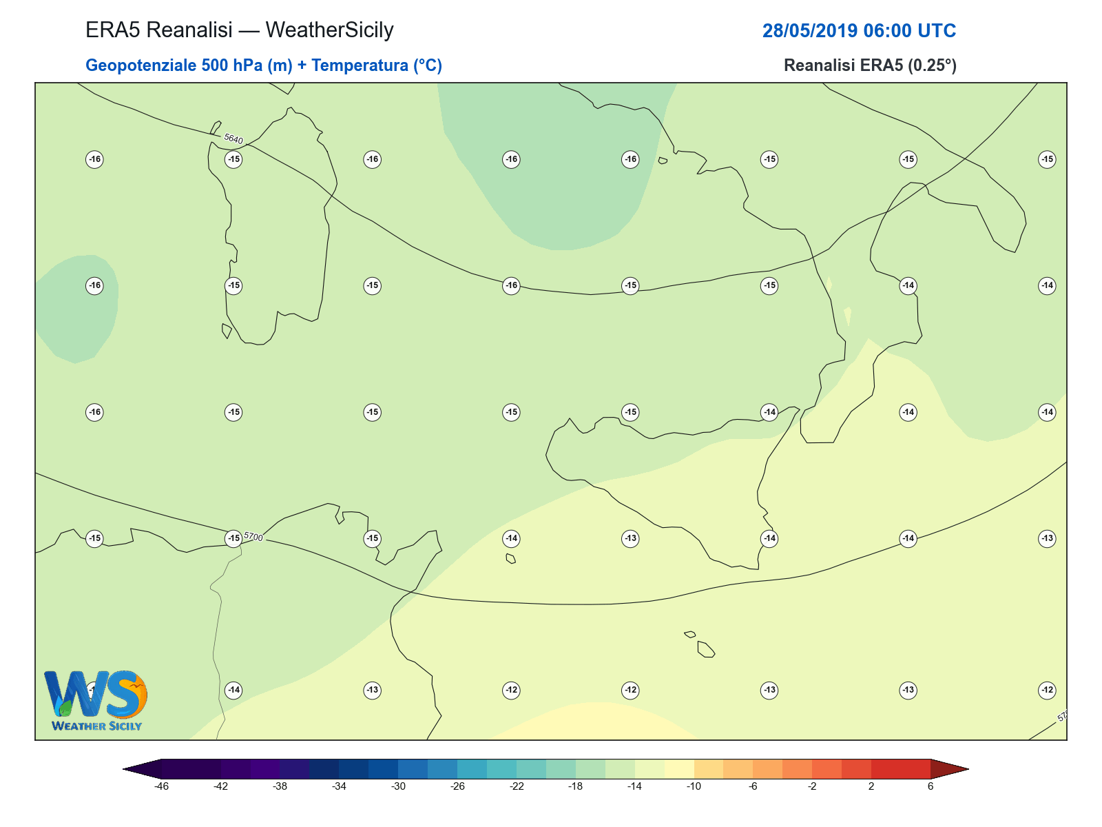 Geopotenziale 500 hPa + Temperatura · 2019052806