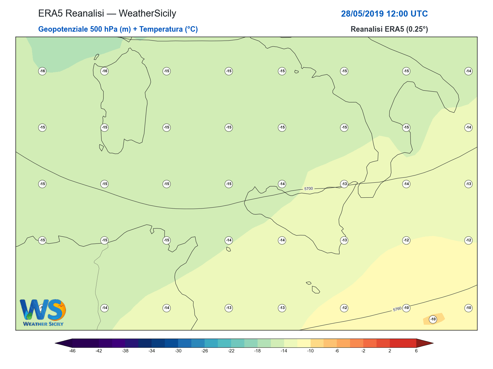 Geopotenziale 500 hPa + Temperatura · 2019052812