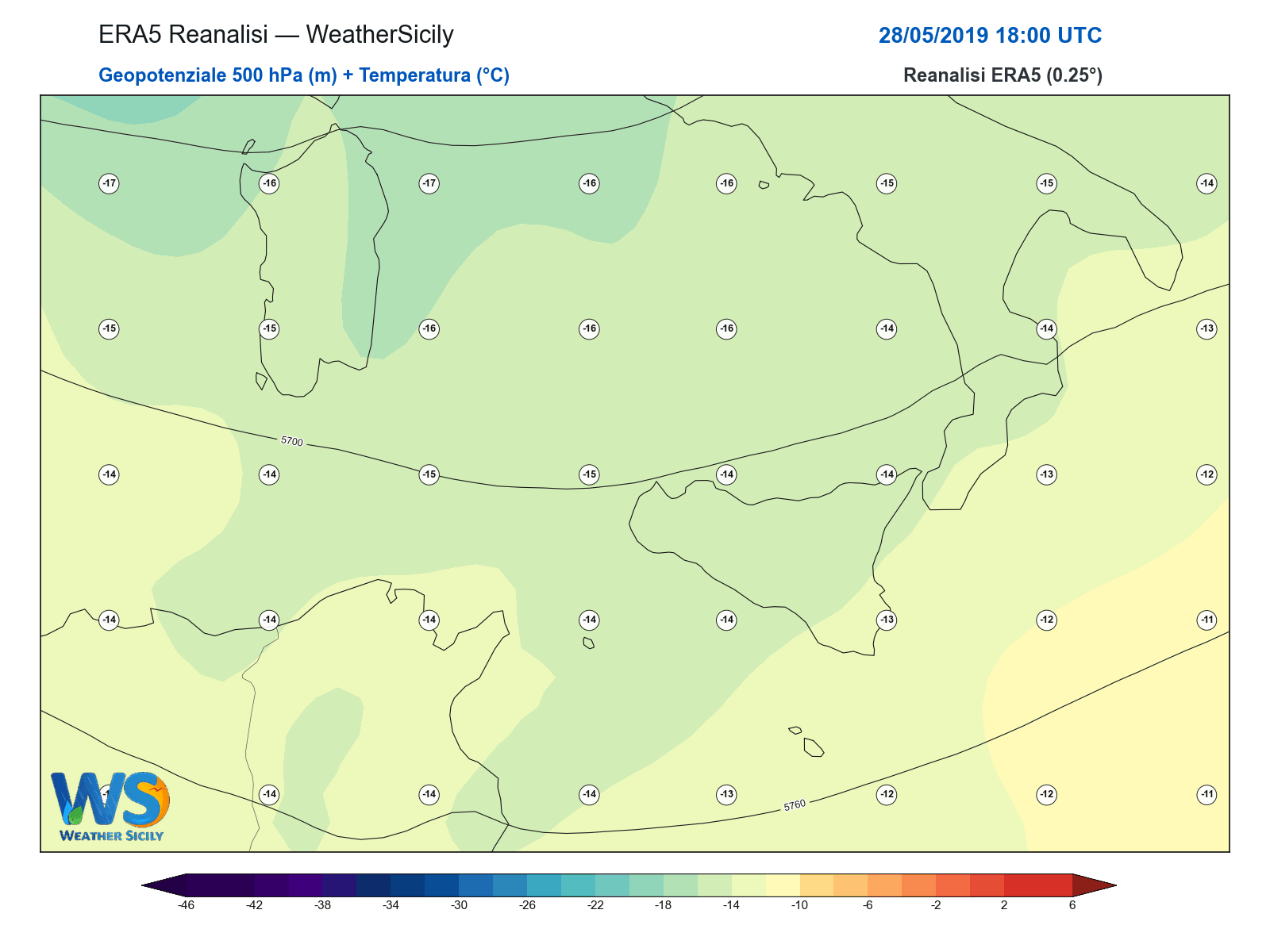 Geopotenziale 500 hPa + Temperatura · 2019052818