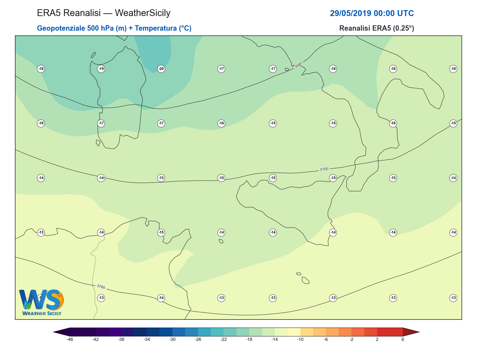 Geopotenziale 500 hPa + Temperatura · 2019052900