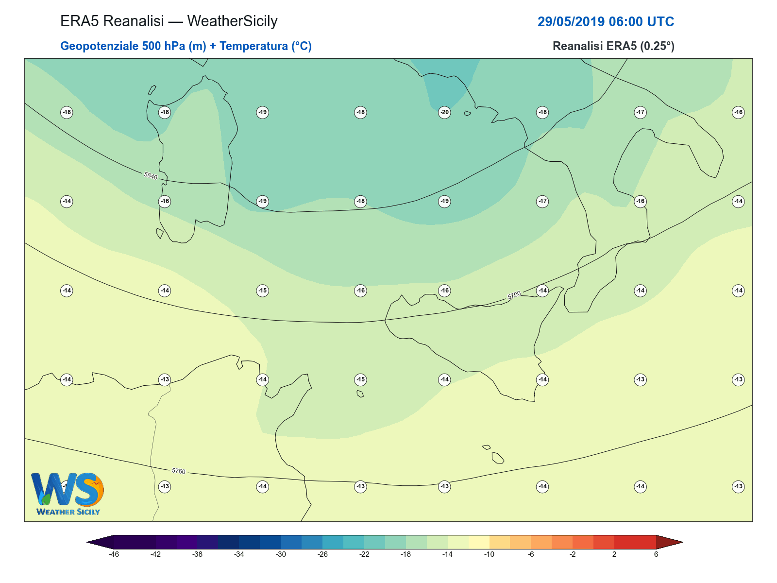 Geopotenziale 500 hPa + Temperatura · 2019052906