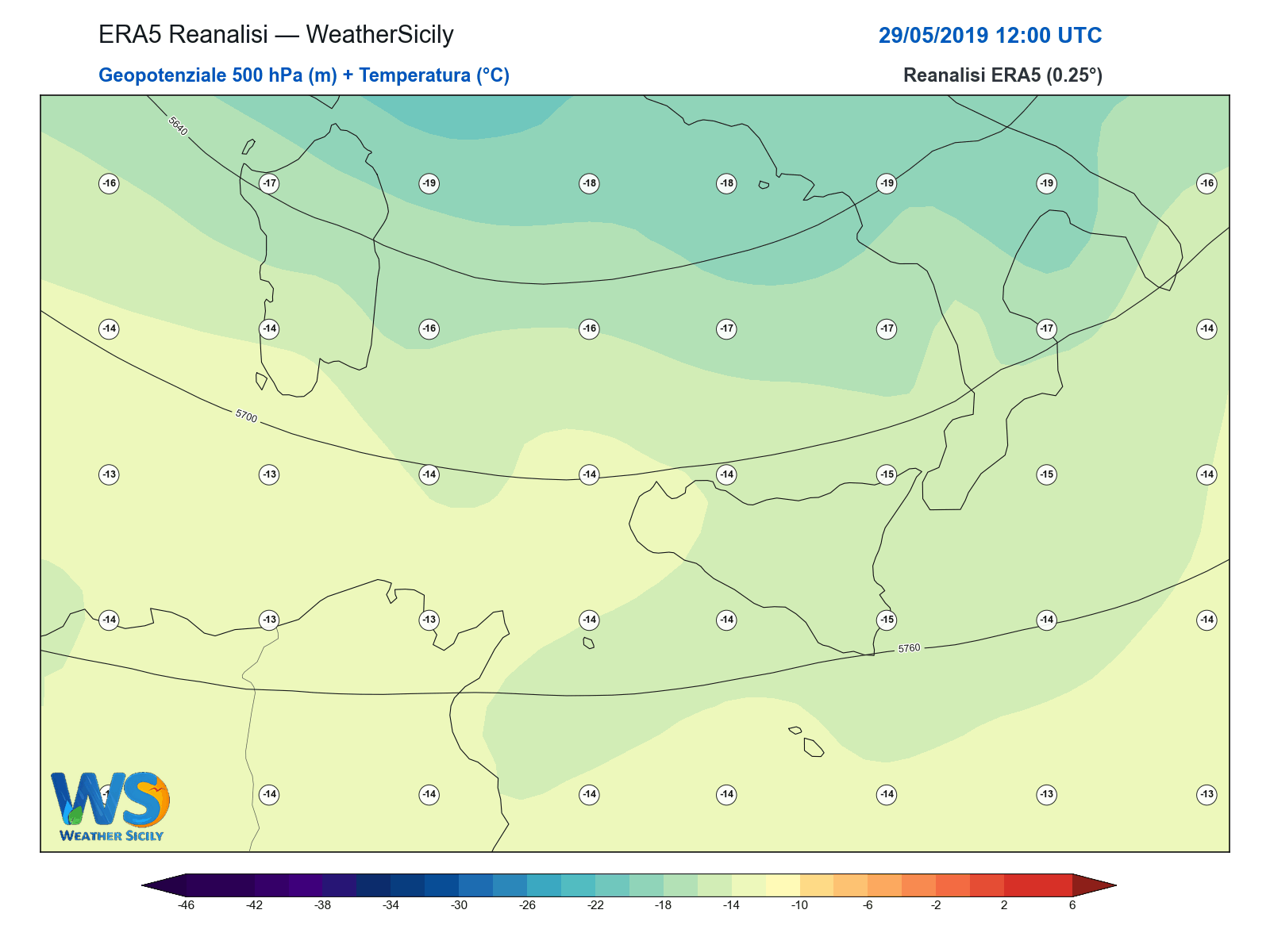 Geopotenziale 500 hPa + Temperatura · 2019052912