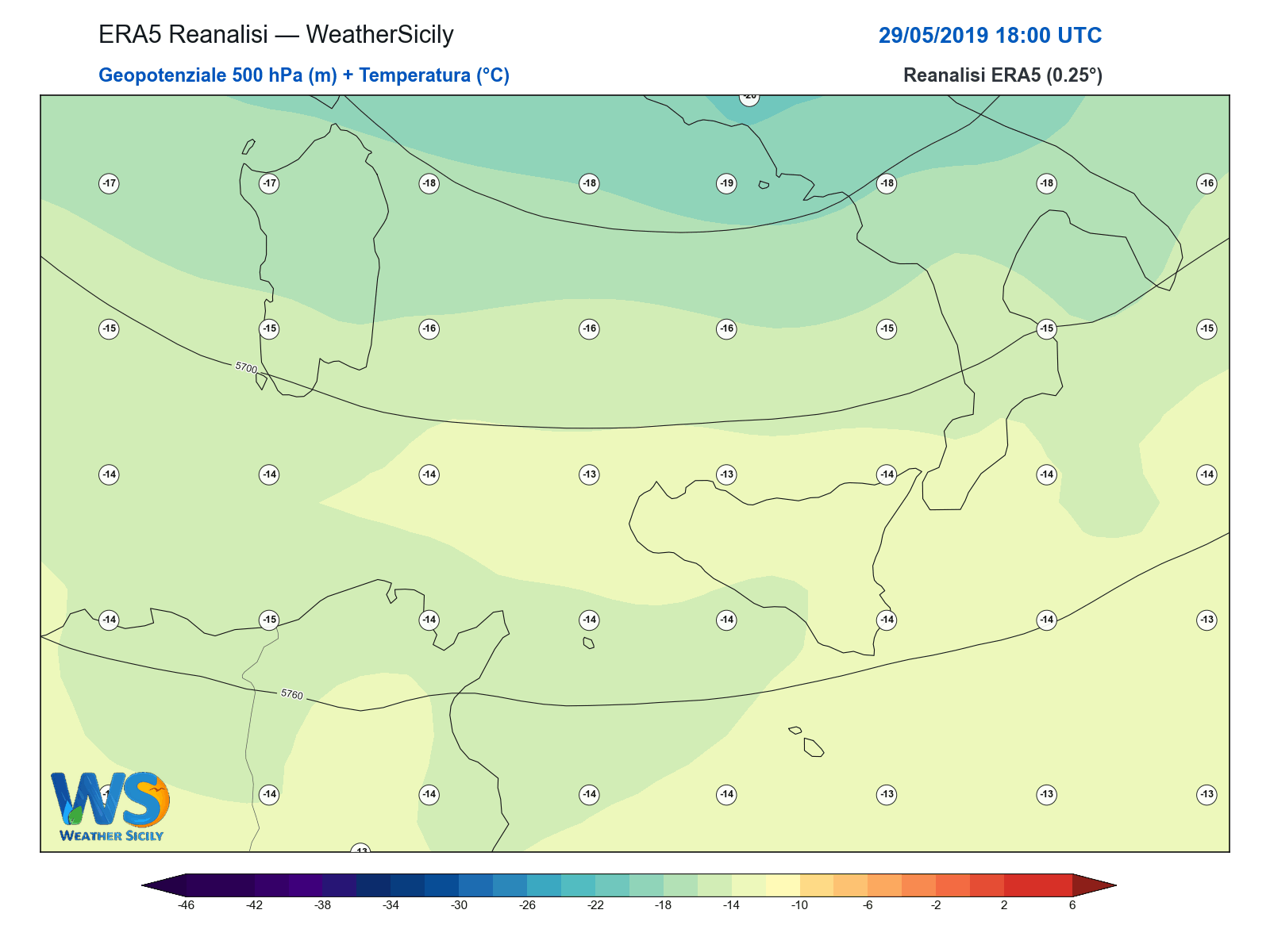 Geopotenziale 500 hPa + Temperatura · 2019052918