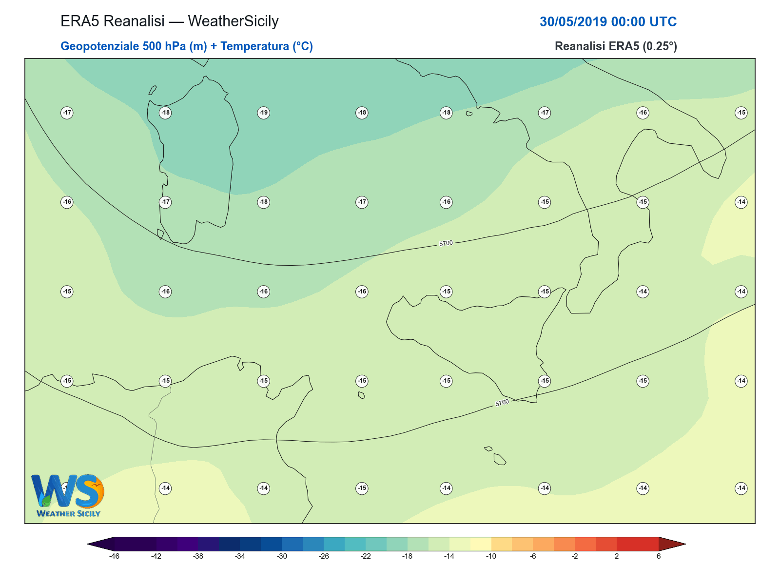 Geopotenziale 500 hPa + Temperatura · 2019053000