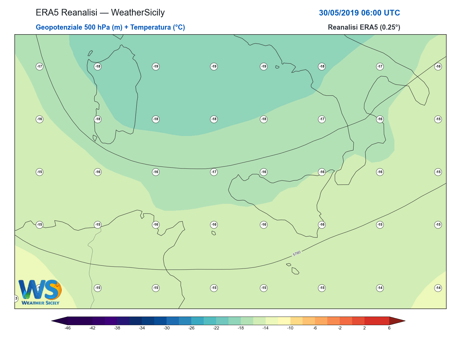 Geopotenziale 500 hPa + Temperatura · 2019053006