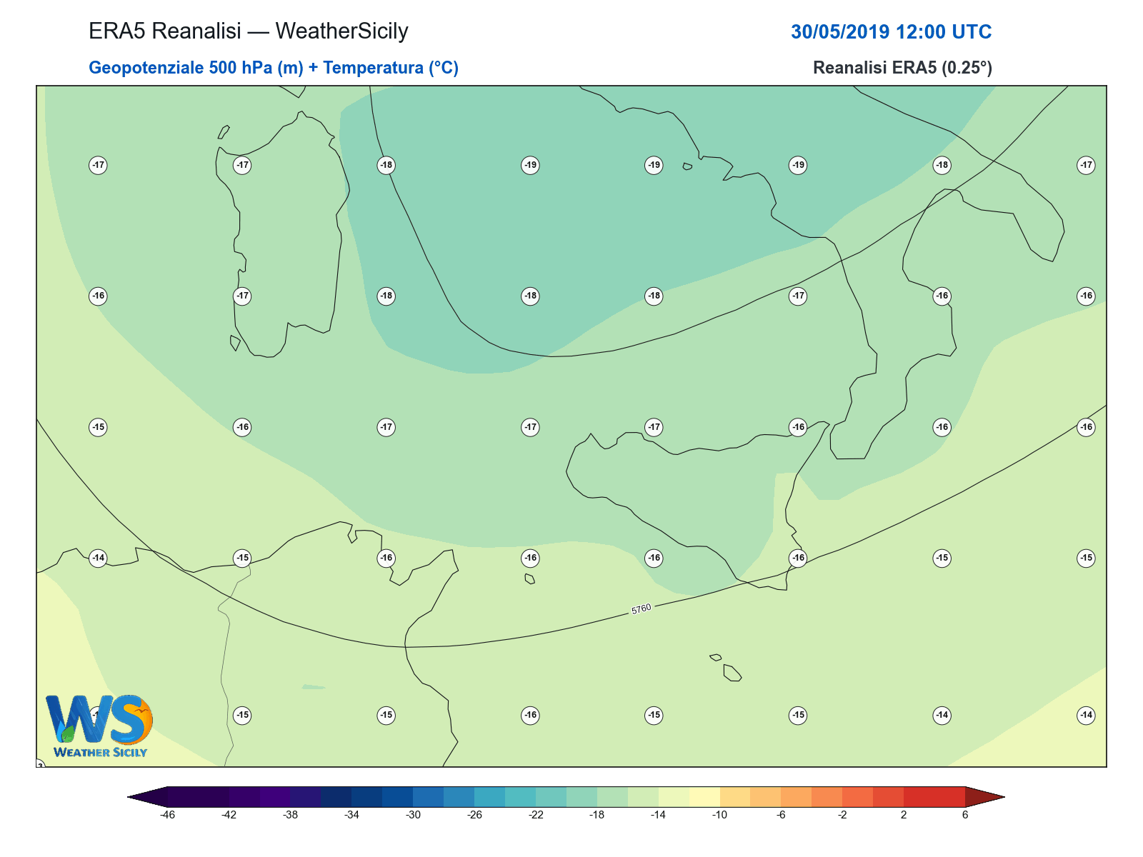Geopotenziale 500 hPa + Temperatura · 2019053012