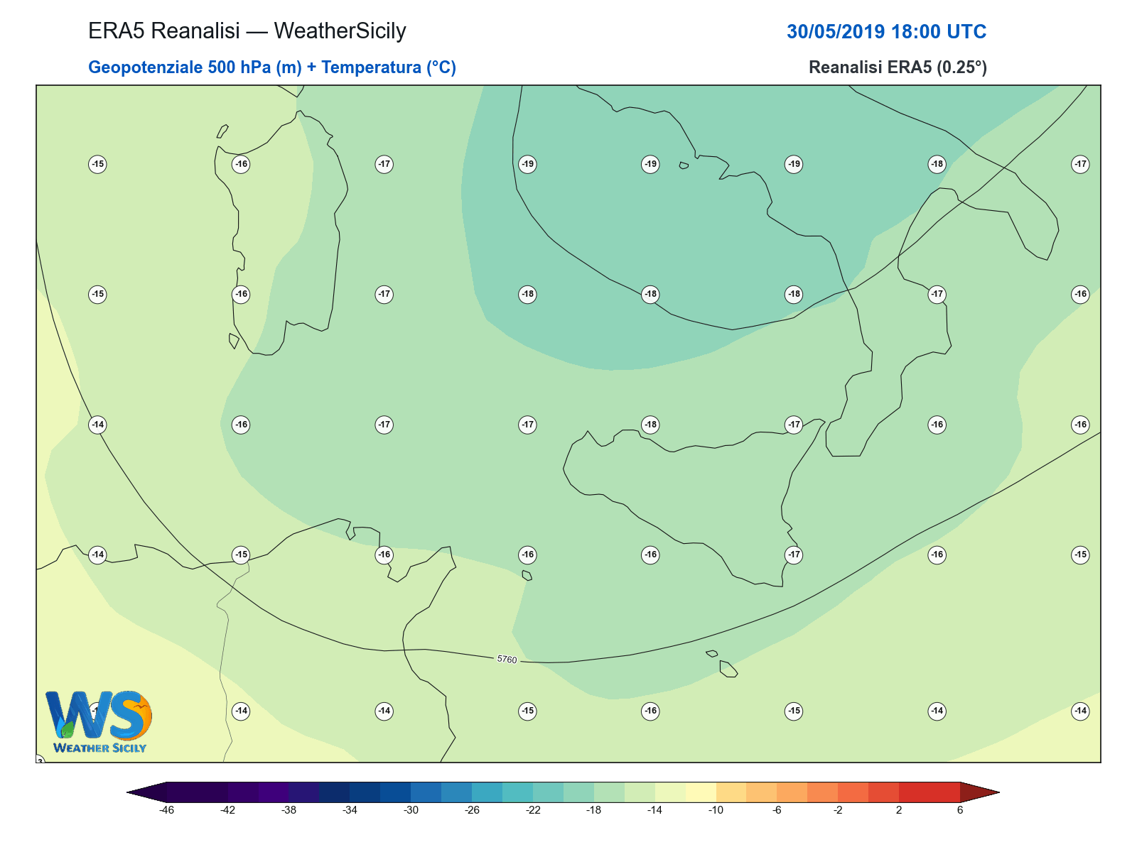 Geopotenziale 500 hPa + Temperatura · 2019053018