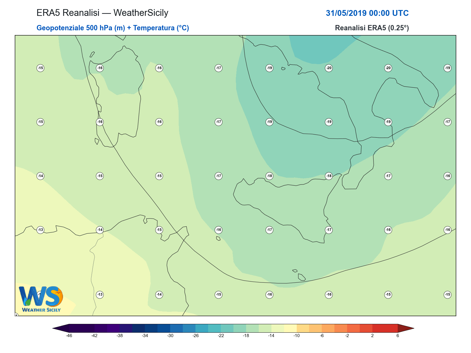 Geopotenziale 500 hPa + Temperatura · 2019053100