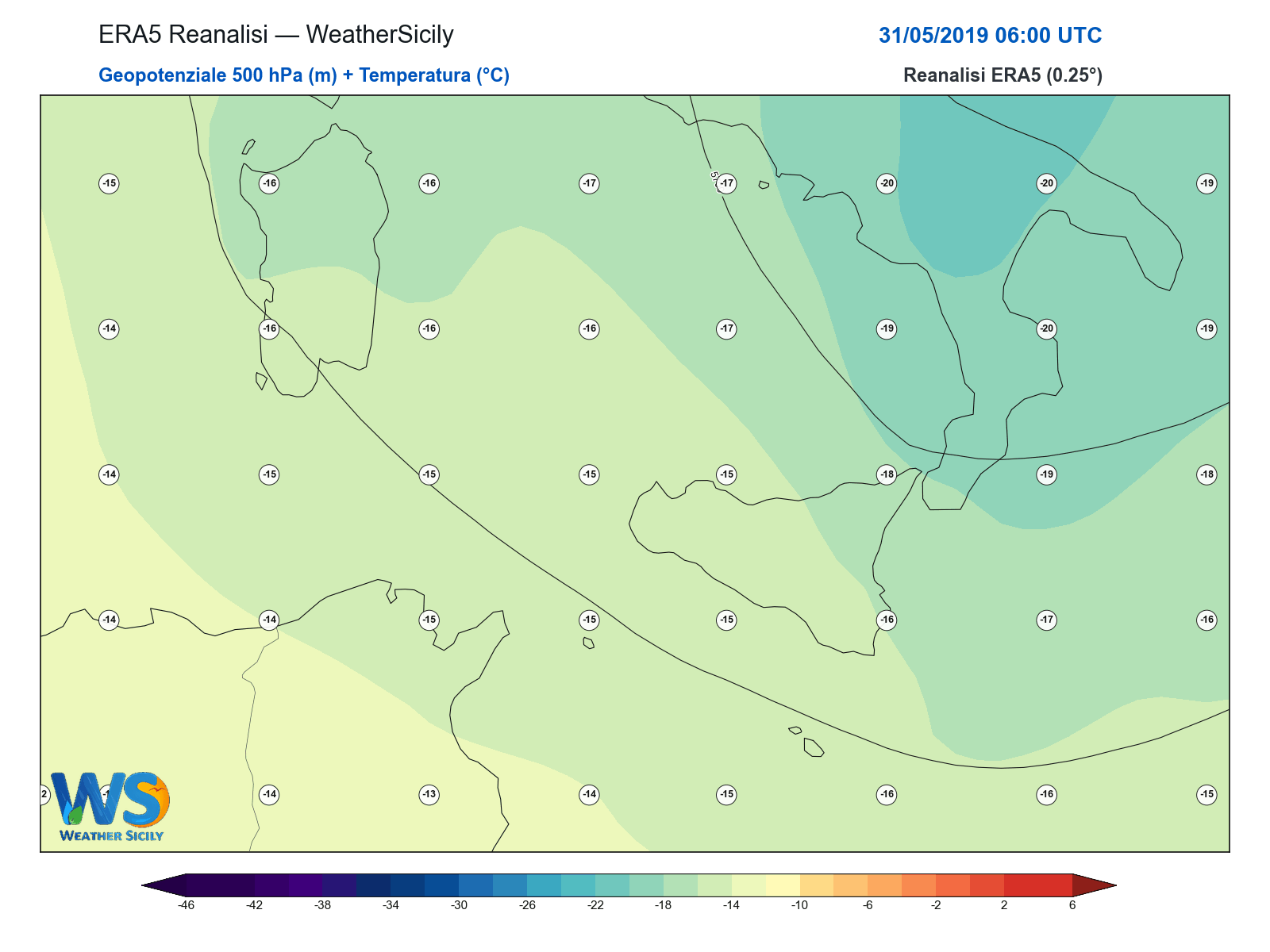 Geopotenziale 500 hPa + Temperatura · 2019053106