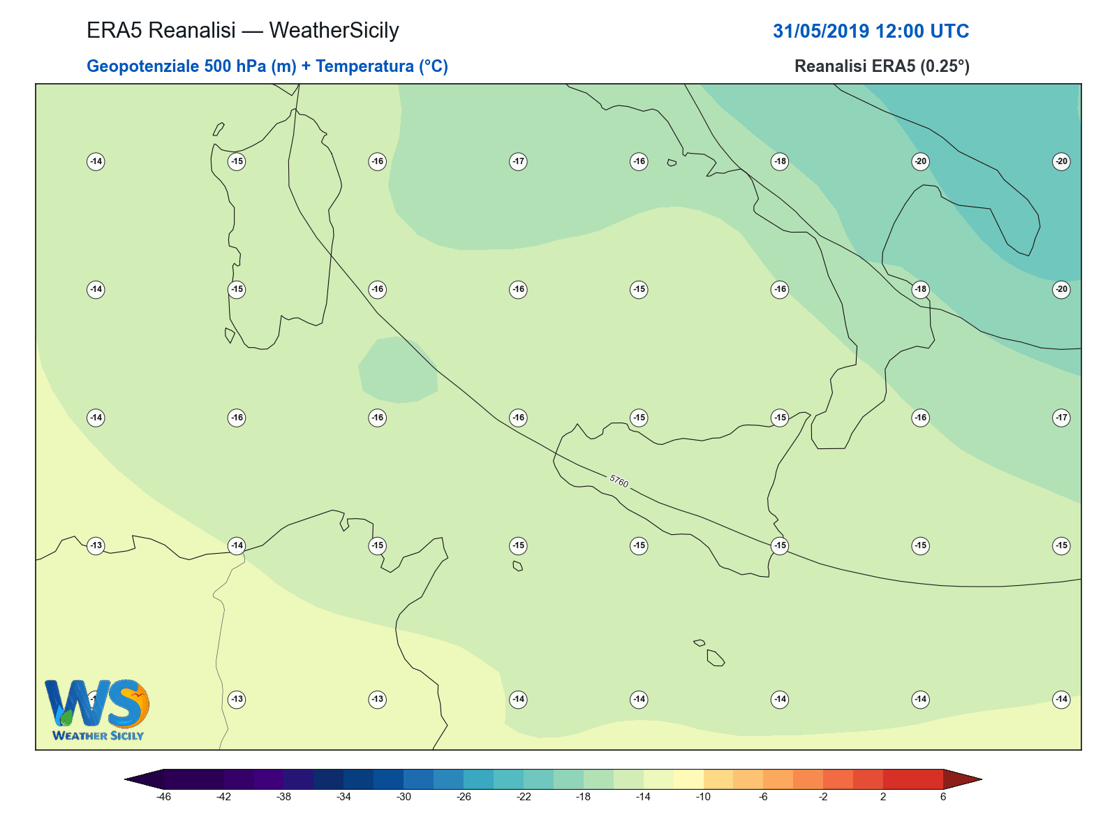 Geopotenziale 500 hPa + Temperatura · 2019053112