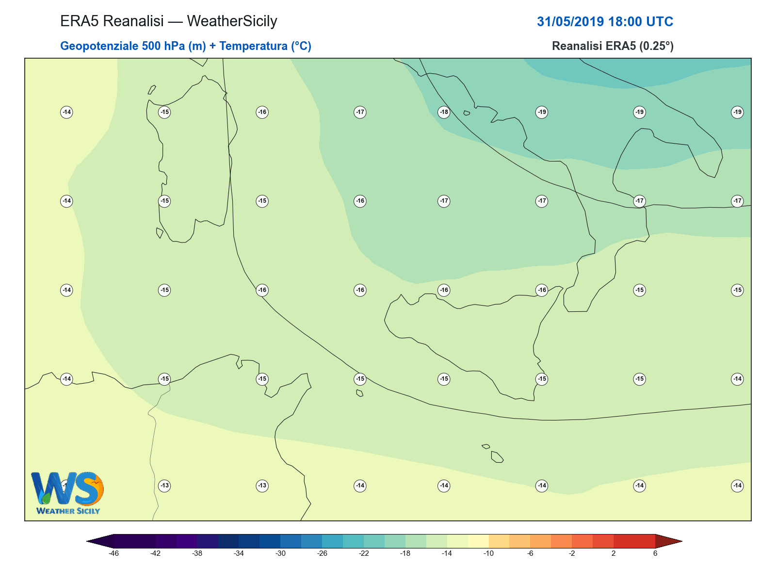 Geopotenziale 500 hPa + Temperatura · 2019053118