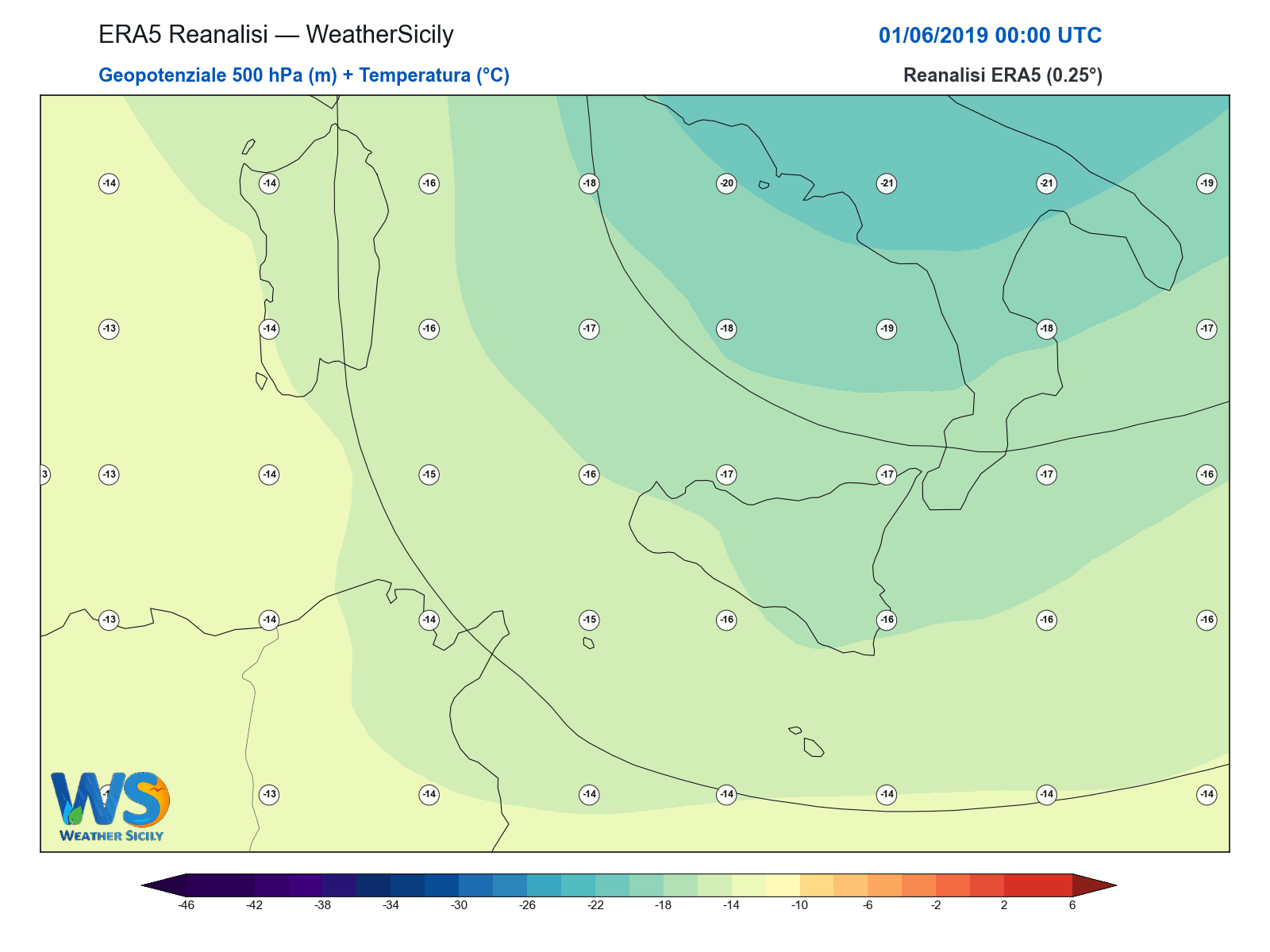 Geopotenziale 500 hPa + Temperatura · 2019060100