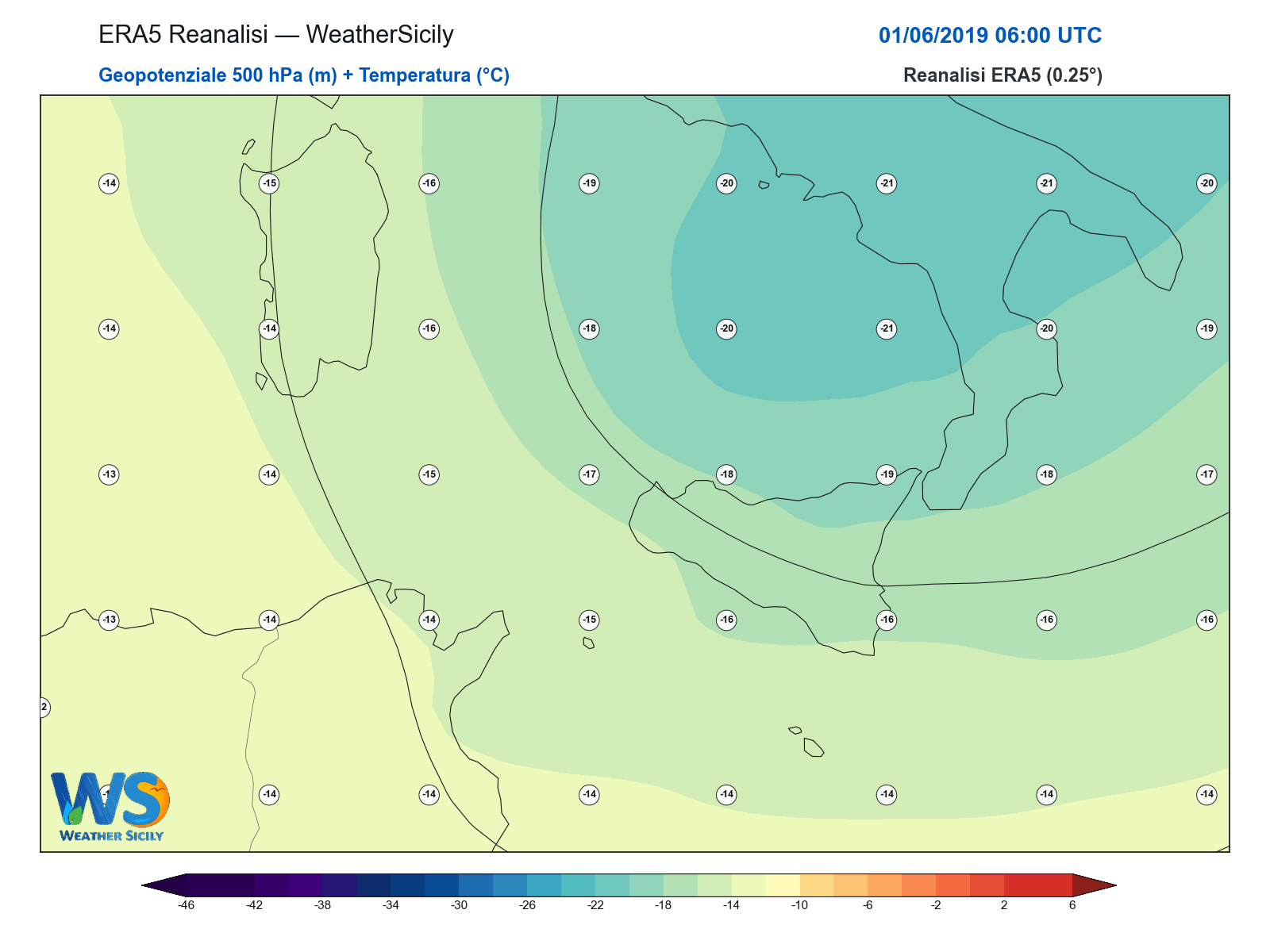 Geopotenziale 500 hPa + Temperatura · 2019060106