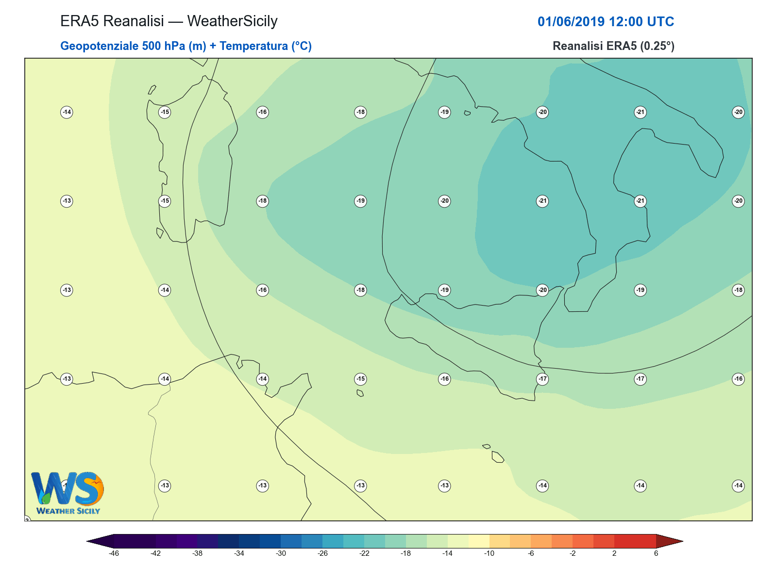 Geopotenziale 500 hPa + Temperatura · 2019060112