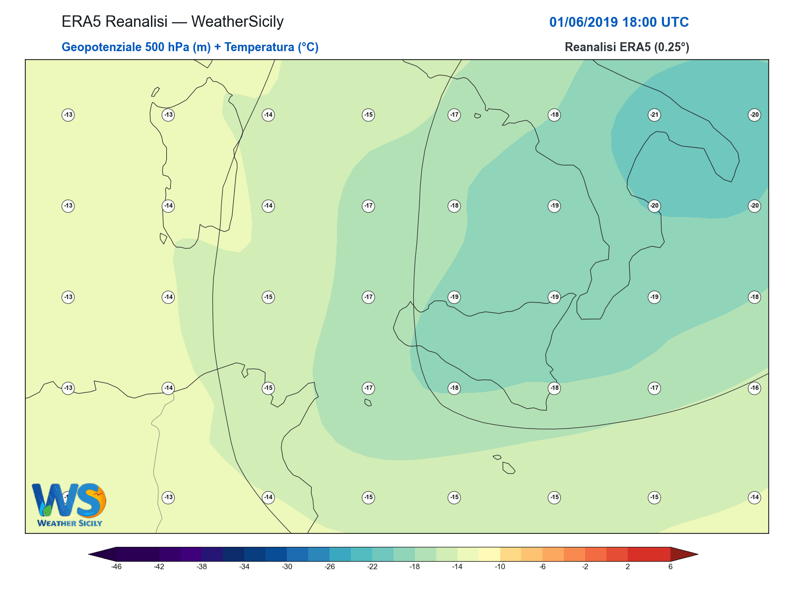 Geopotenziale 500 hPa + Temperatura · 2019060118