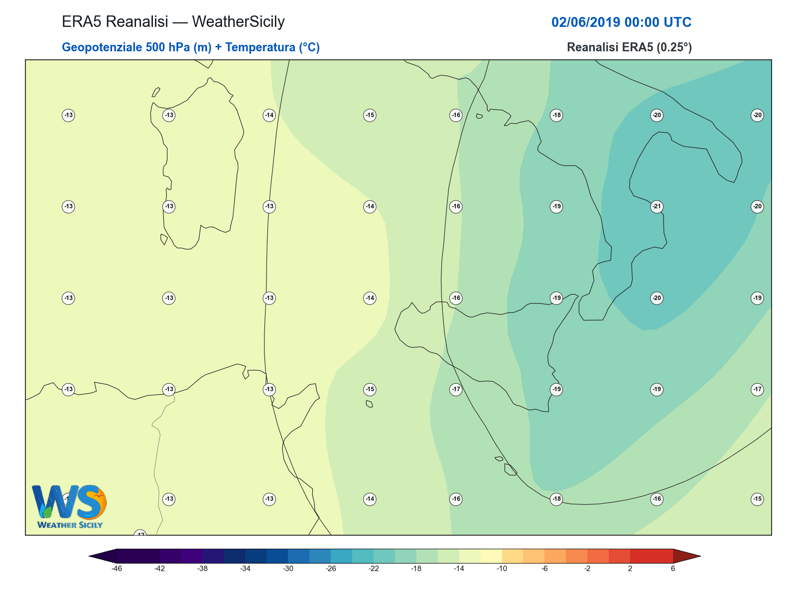 Geopotenziale 500 hPa + Temperatura · 2019060200