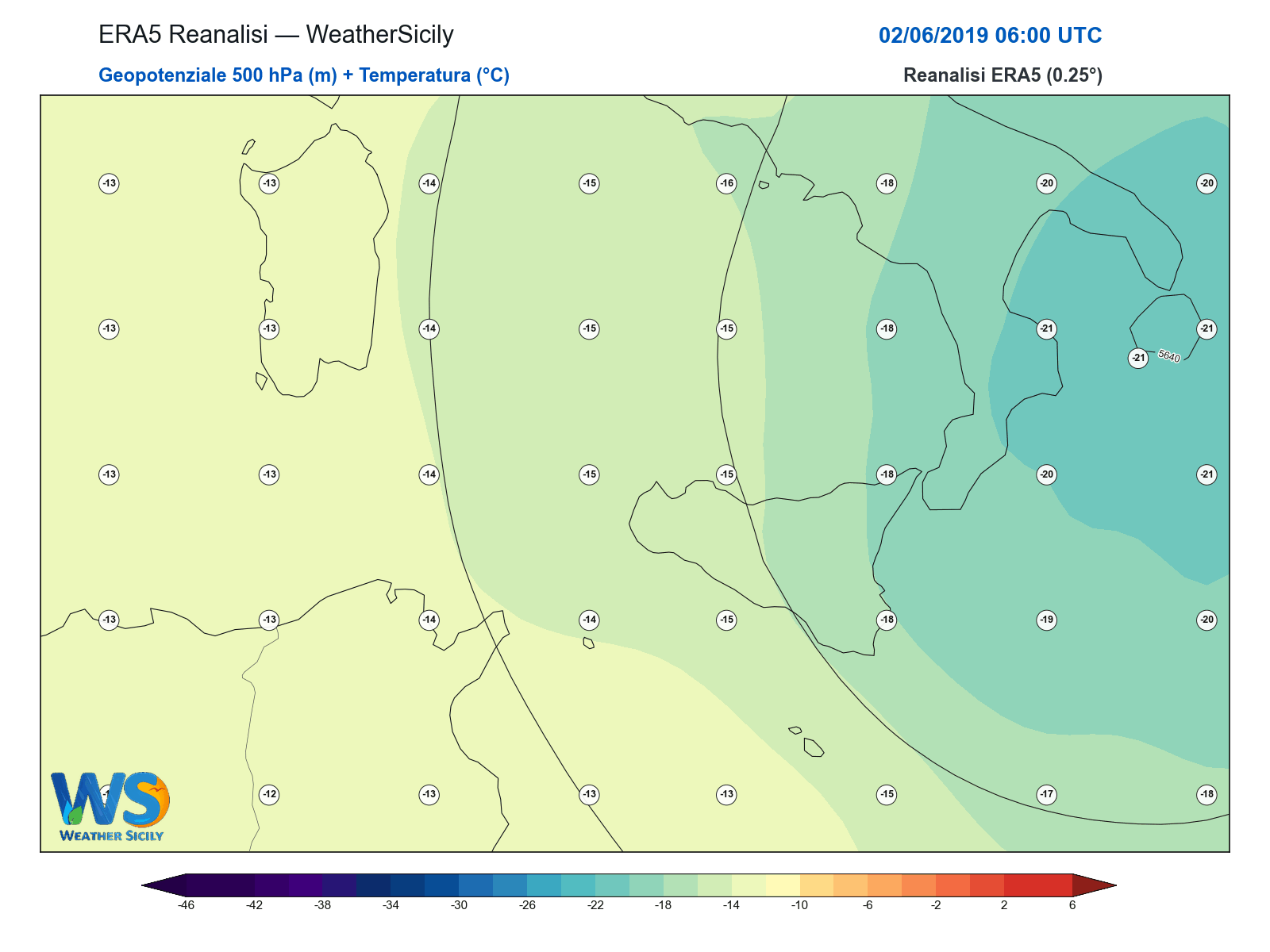 Geopotenziale 500 hPa + Temperatura · 2019060206