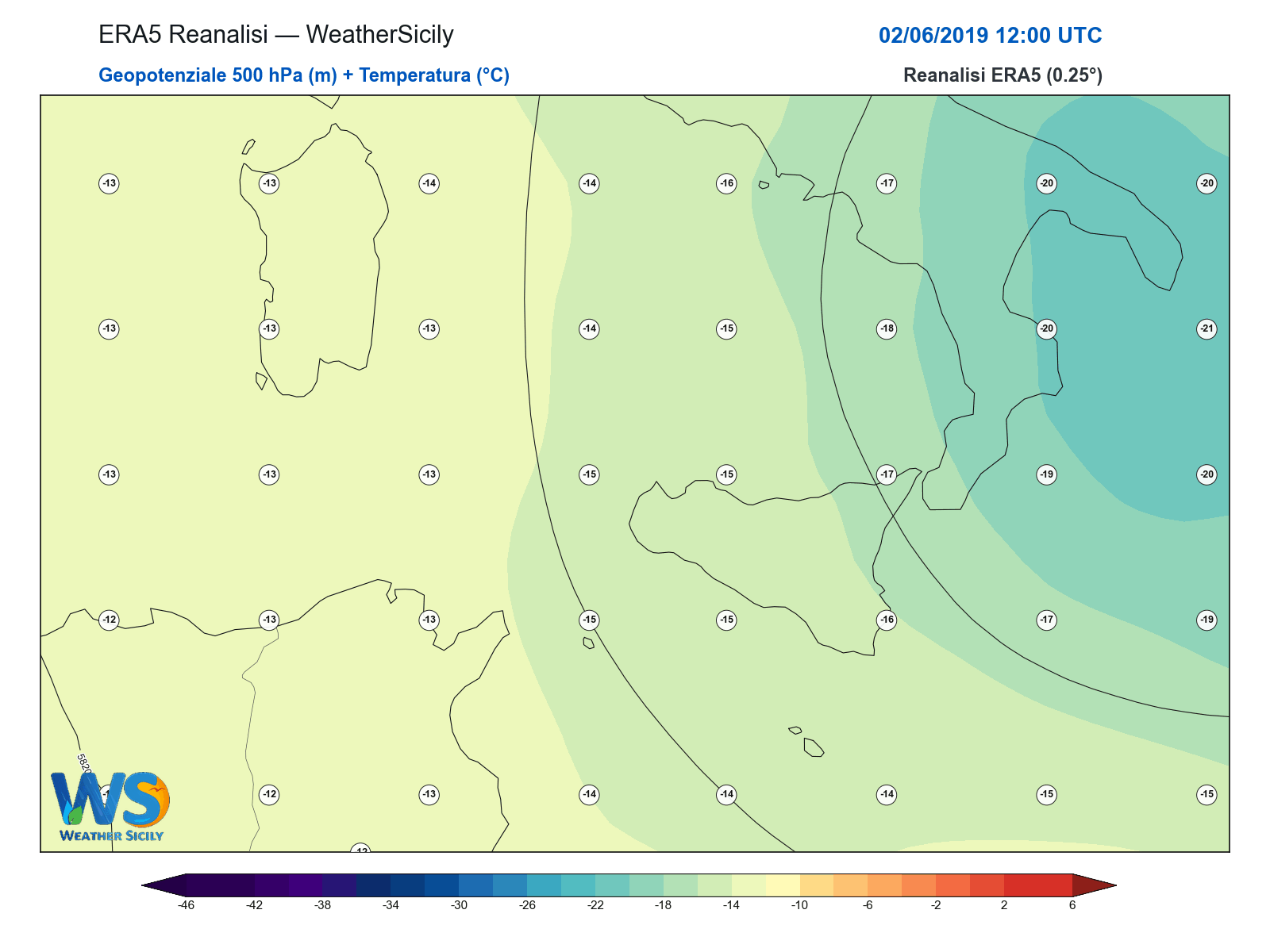 Geopotenziale 500 hPa + Temperatura · 2019060212