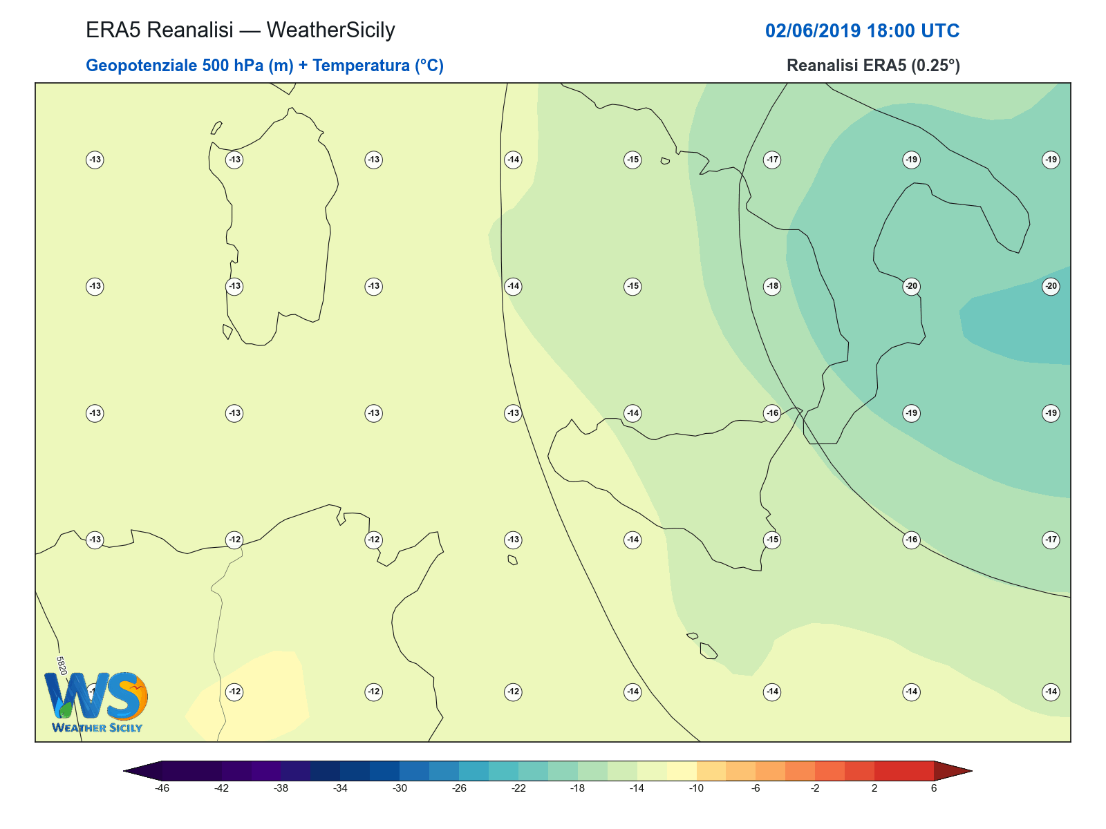 Geopotenziale 500 hPa + Temperatura · 2019060218