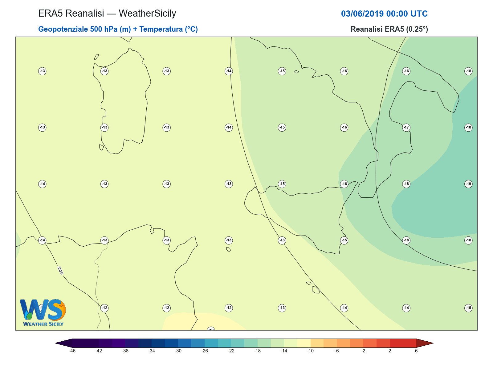 Geopotenziale 500 hPa + Temperatura · 2019060300