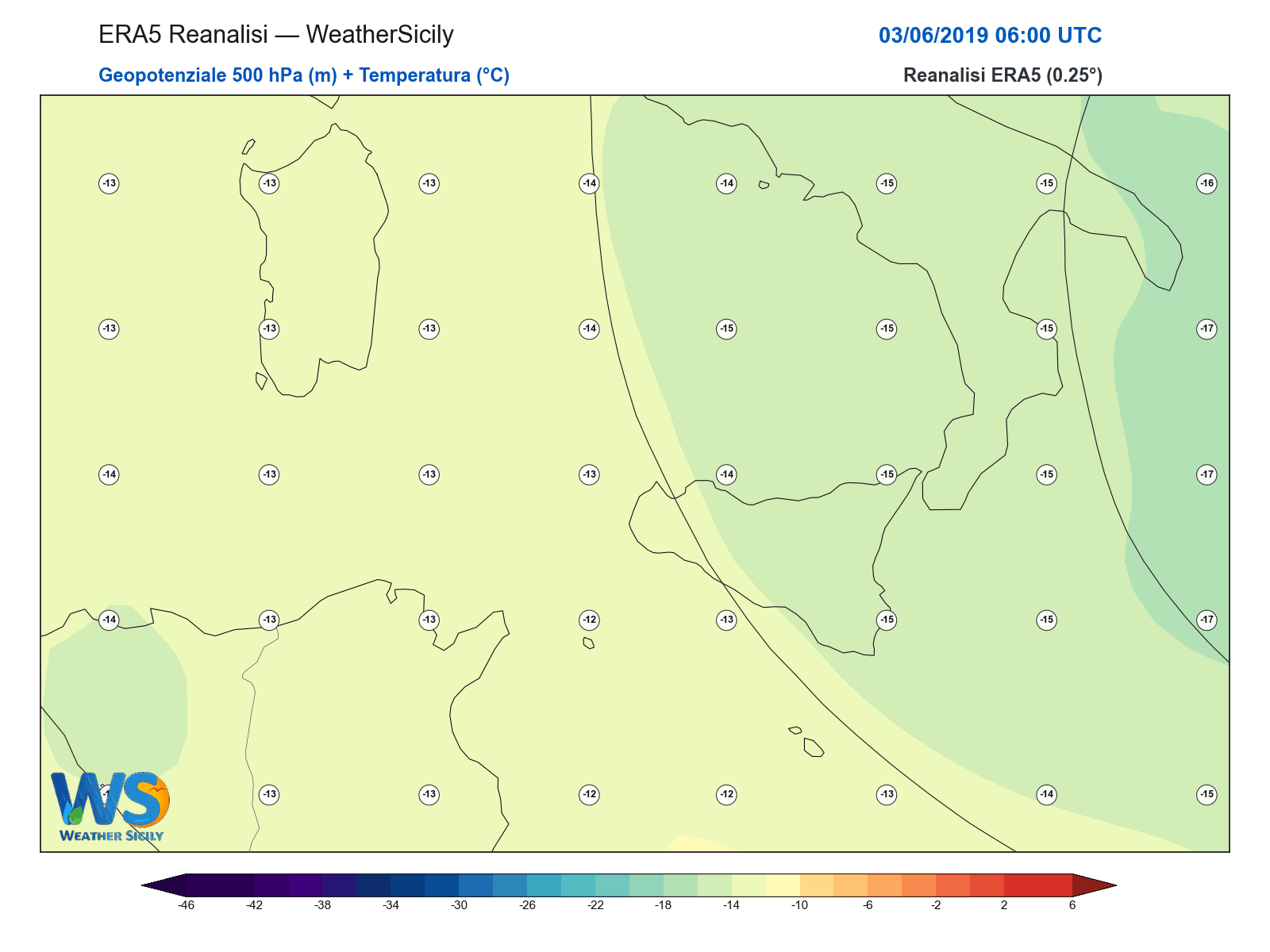 Geopotenziale 500 hPa + Temperatura · 2019060306
