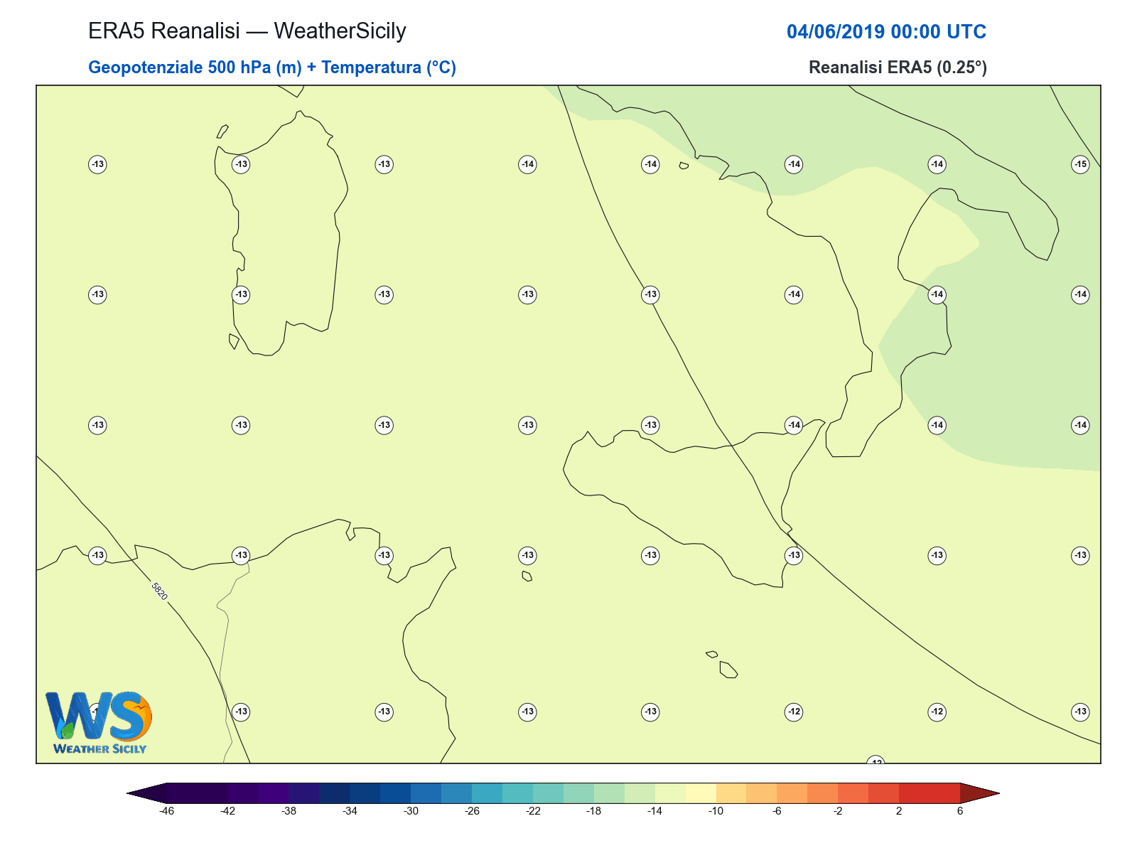 Geopotenziale 500 hPa + Temperatura · 2019060400