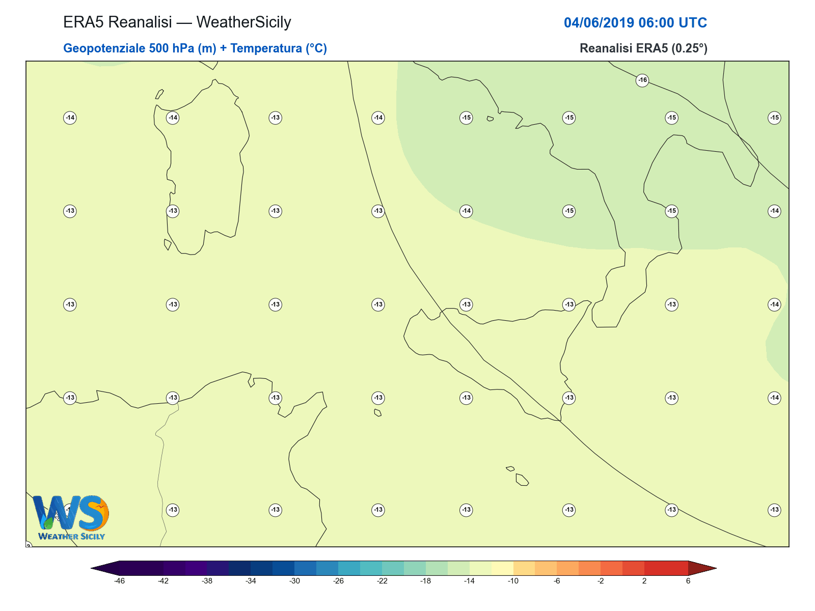 Geopotenziale 500 hPa + Temperatura · 2019060406