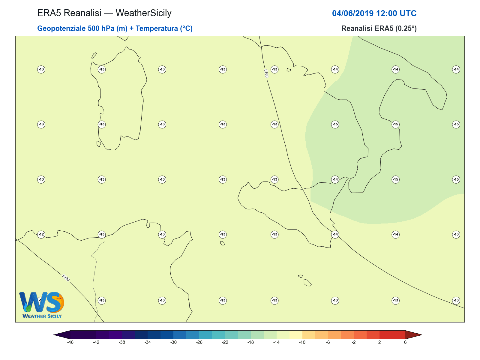 Geopotenziale 500 hPa + Temperatura · 2019060412
