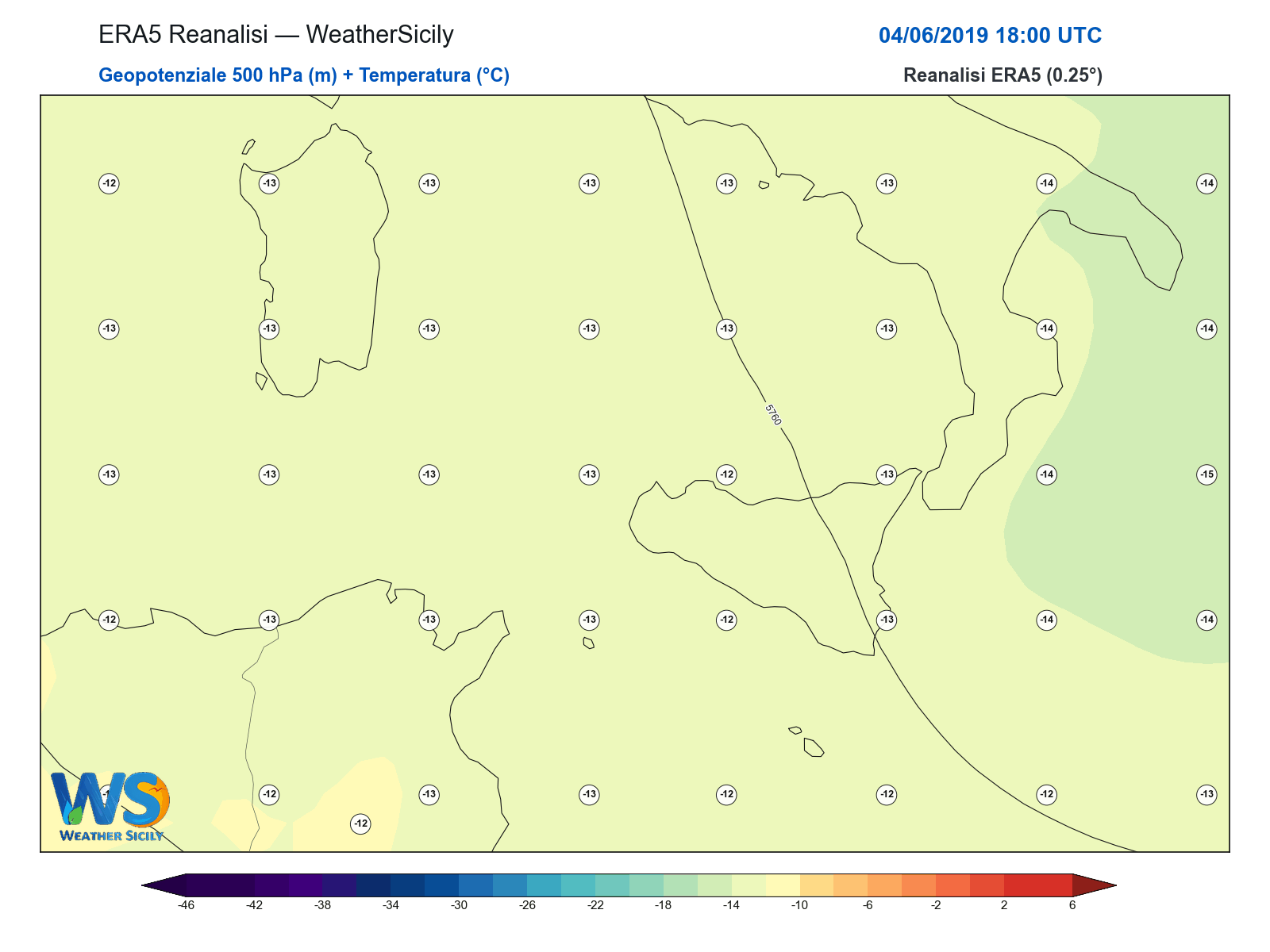 Geopotenziale 500 hPa + Temperatura · 2019060418