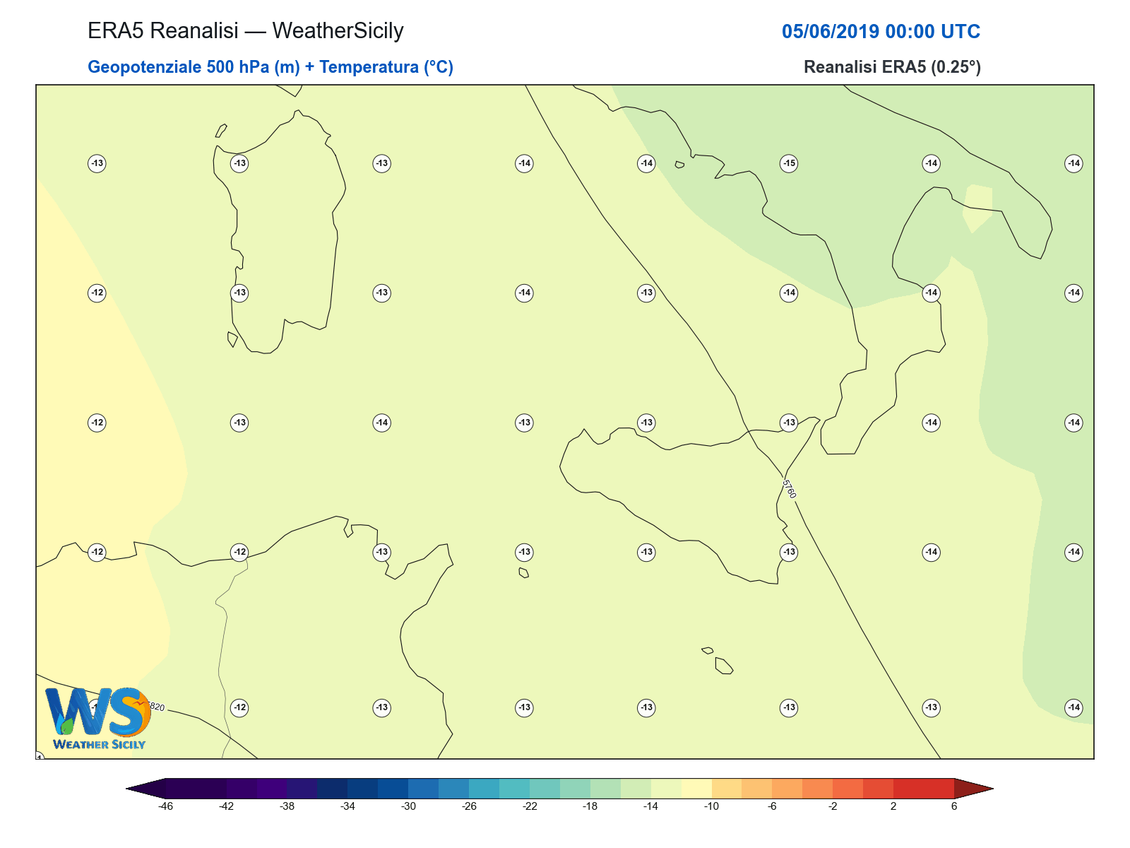 Geopotenziale 500 hPa + Temperatura · 2019060500