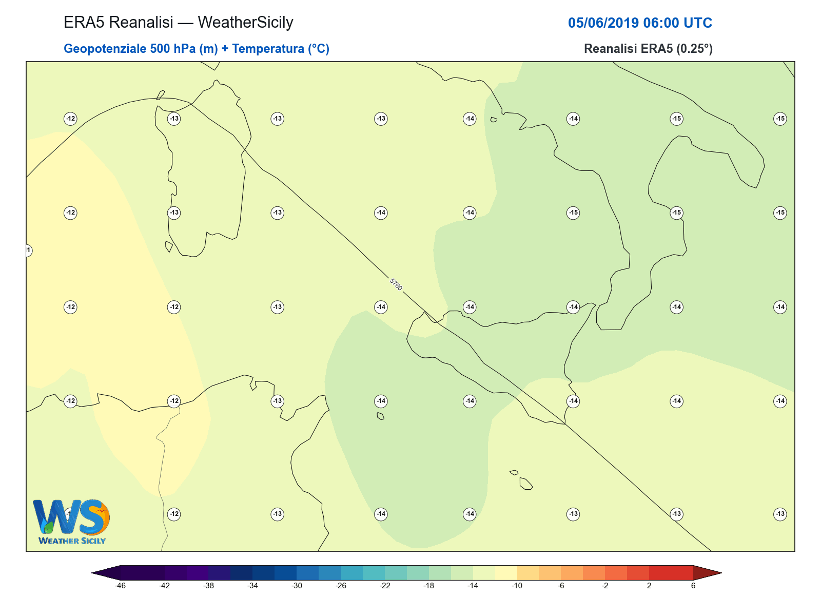 Geopotenziale 500 hPa + Temperatura · 2019060506