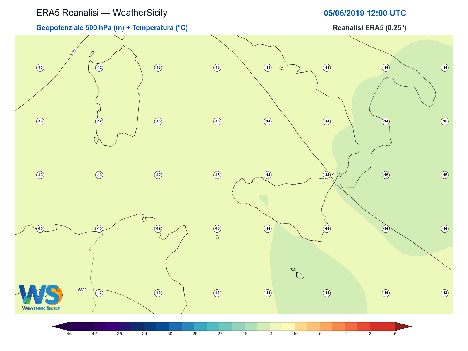 Geopotenziale 500 hPa + Temperatura · 2019060512