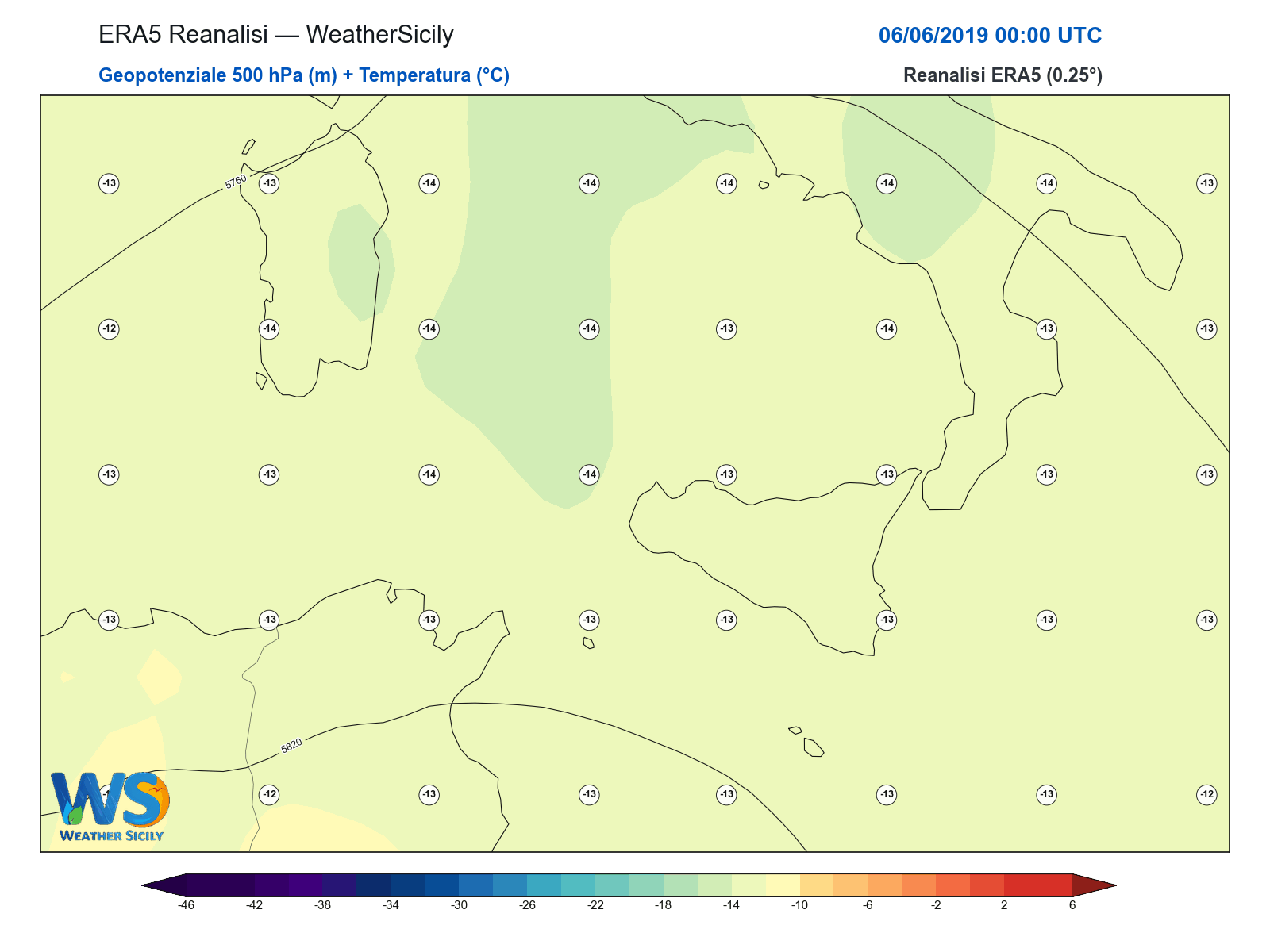 Geopotenziale 500 hPa + Temperatura · 2019060600