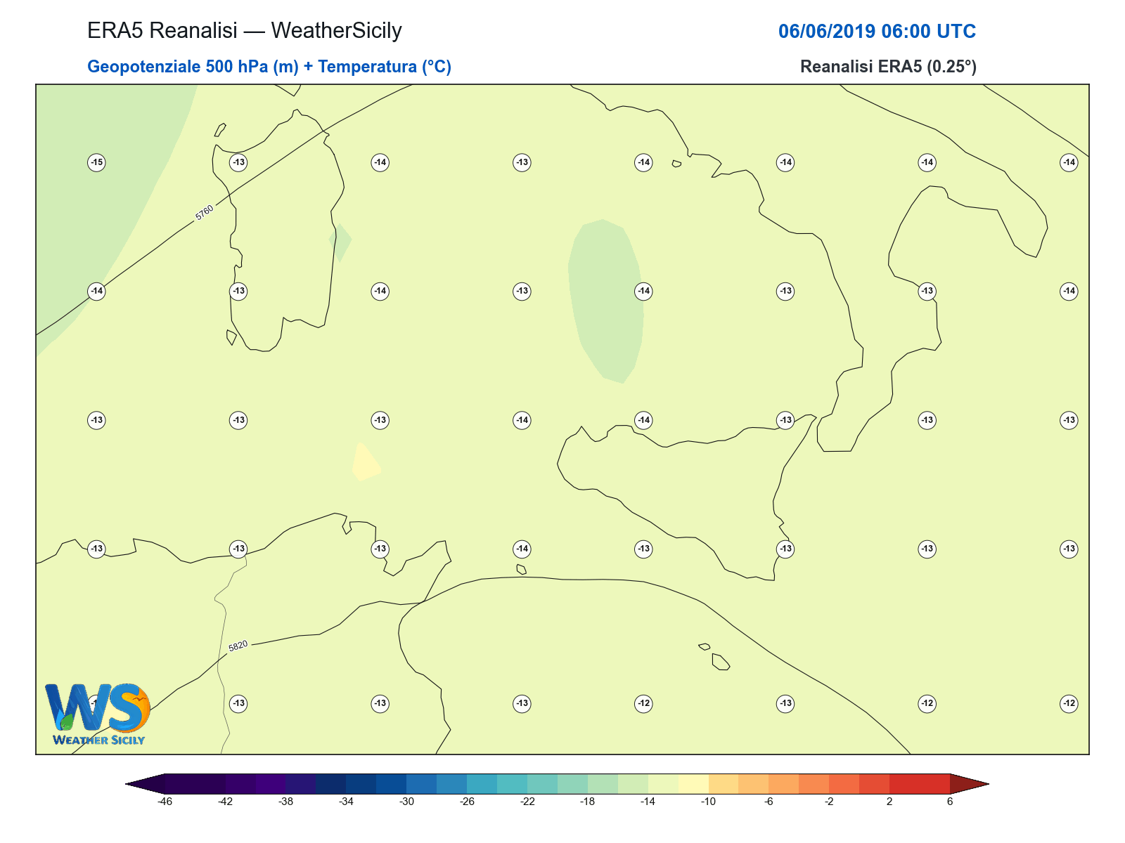 Geopotenziale 500 hPa + Temperatura · 2019060606