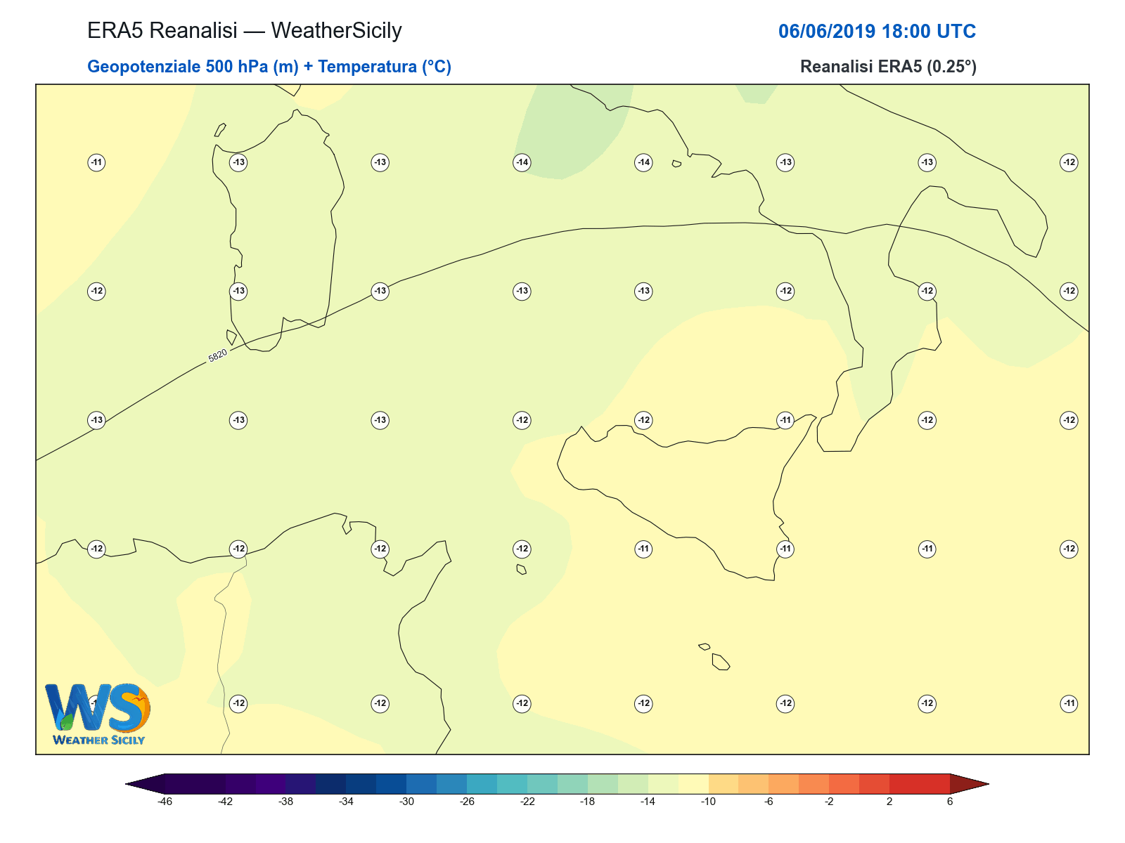 Geopotenziale 500 hPa + Temperatura · 2019060618