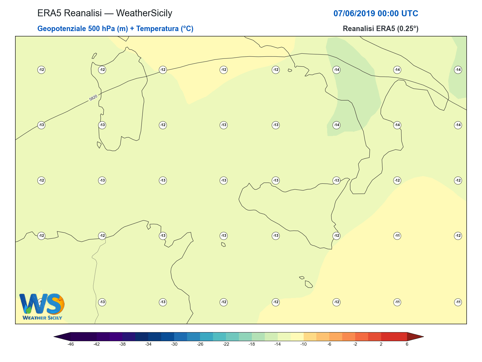 Geopotenziale 500 hPa + Temperatura · 2019060700