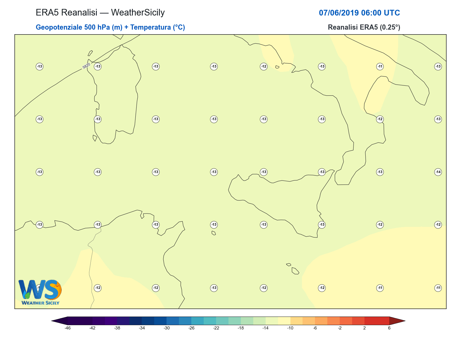 Geopotenziale 500 hPa + Temperatura · 2019060706