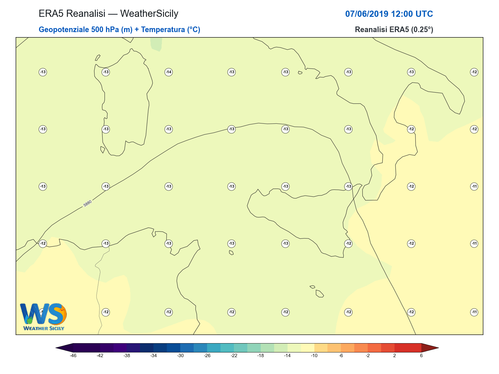 Geopotenziale 500 hPa + Temperatura · 2019060712