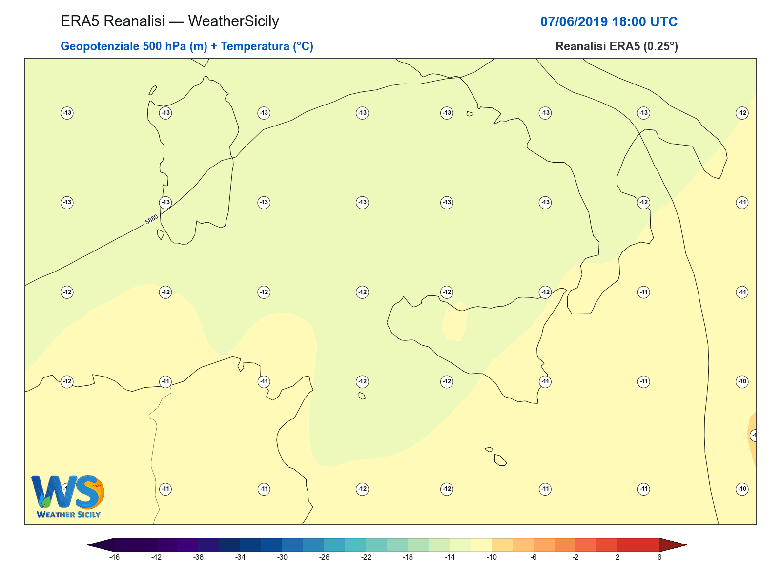 Geopotenziale 500 hPa + Temperatura · 2019060718