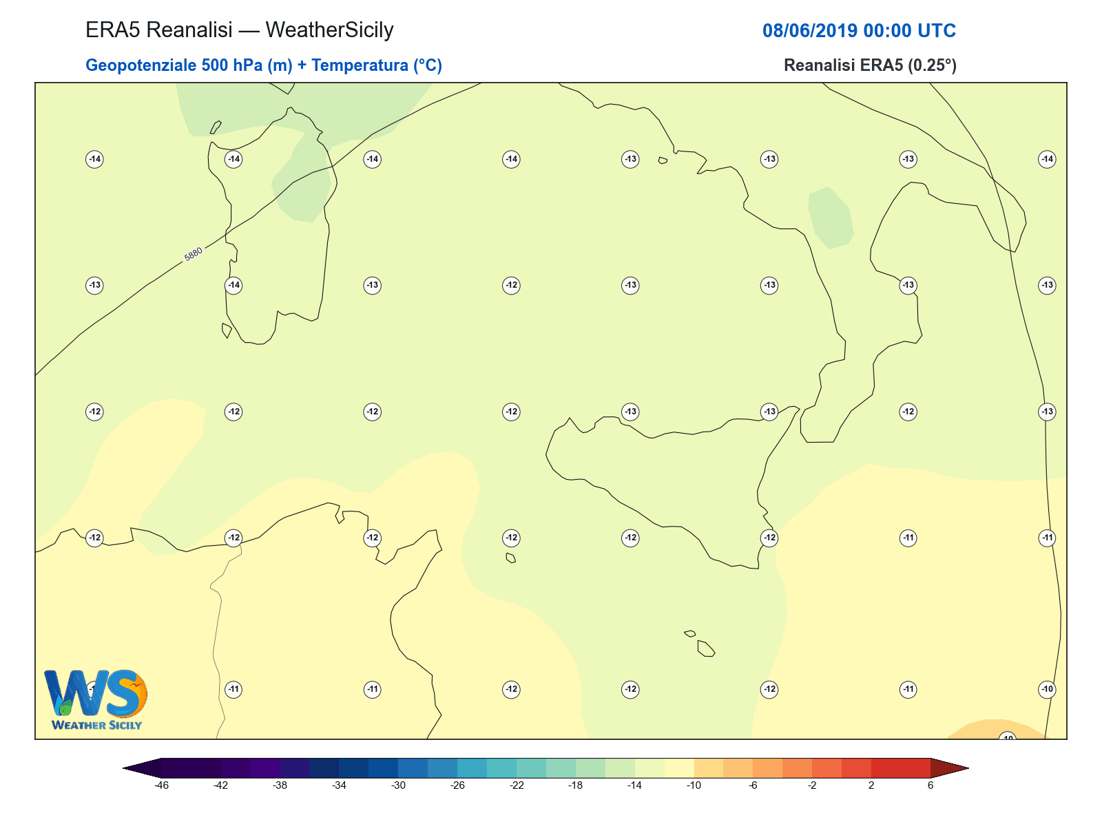 Geopotenziale 500 hPa + Temperatura · 2019060800