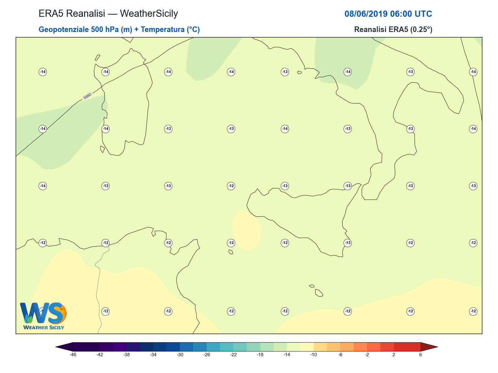 Geopotenziale 500 hPa + Temperatura · 2019060806