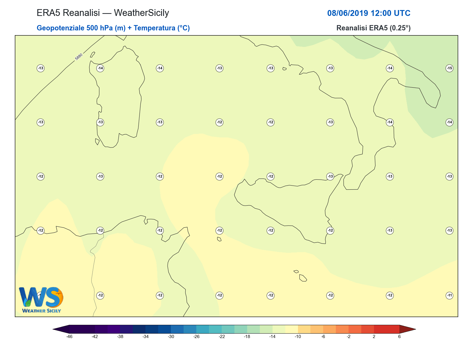 Geopotenziale 500 hPa + Temperatura · 2019060812